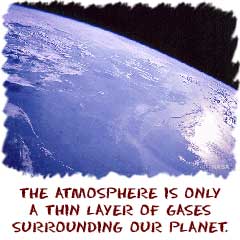 The atmosphere is a thin layer of gases that surrounds and protects the Earth.
