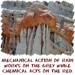 mechanical weathering of rain acts on the grey rock while chemical actions work on the red rock